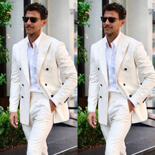 White Men Suits 2 Pcs Double Breasted with Ticket Pocket Formal Groom Men Blazer