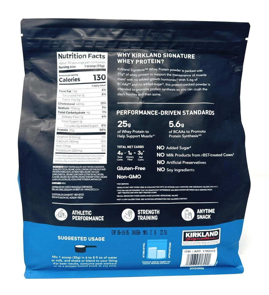 Kirkland Signature Whey 25 g de proteína, 1 g de azúcar, 5,6 g de BCAA, unas 70 porciones cremosas Foto 2 de 4