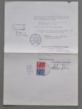 MARCHE DA BOLLO CONSOLARI da lire 10 e lire 20 su documento del 1955