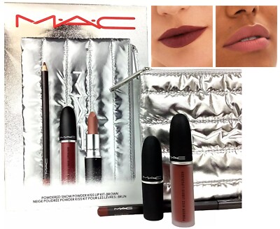 3 PC MAC Powdered Snow Powder Kiss Lip Kit BROWN 3 Full Size Pieces NIB