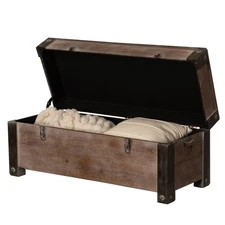 Vintiquewise Wooden Storage Trunk Bench with Black Metal Accents Rustic Blanket