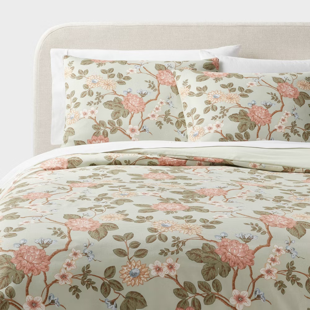 Threshold Cotton Sateen Duvet Cover Set Floral GreenLight PinkWhite FullQueen 4690₽