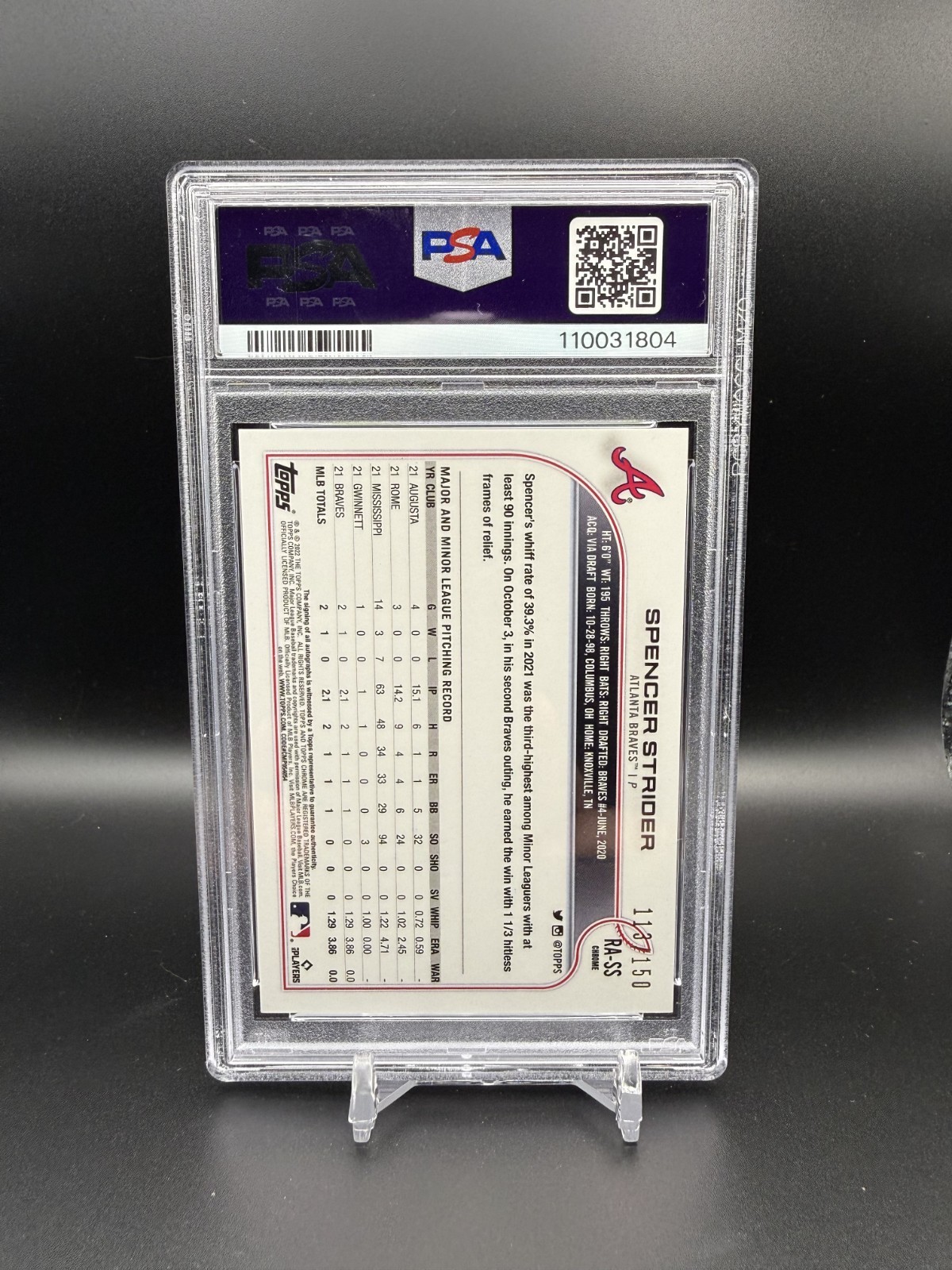 2022 TOPPS CHROME SPENCER STRIDER BLUE RAYWAVE AUTO RC #RA-SS /150 PSA 10 LOWPOP view 3