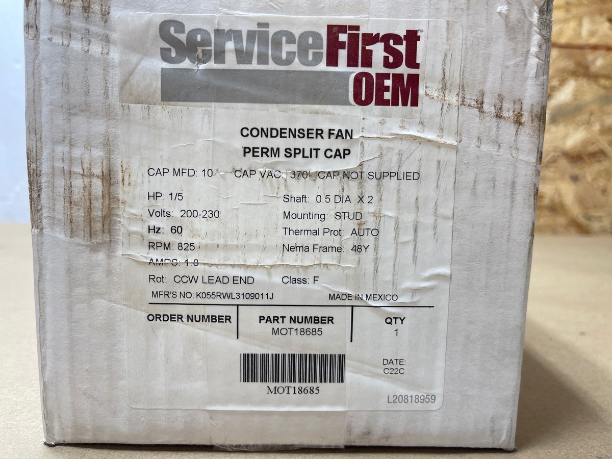 T&M  ページ OEM Trane MOT18685 1/5HP 200-230V 825RPM 1.8A 48Y Frame, 0.5x2in