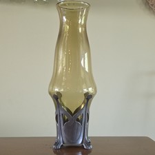 Art Nouveau Amber Glass Vase J Reinemann Pewter Mounted 11.25" Arts & Crafts