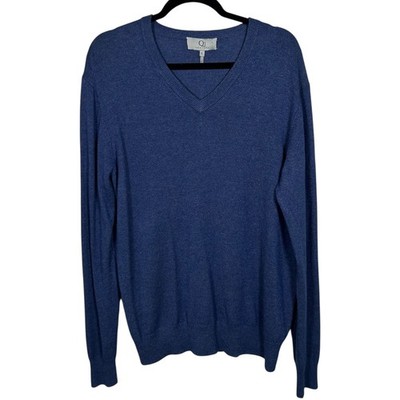 Qi New York NWOT Mens XL Blue Wool Cashmere V Neck Sweater Knit Pullover
