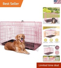 Dog Crate 48" Pink Foldable Metal Kennel with Double Doors, Secure Slid...