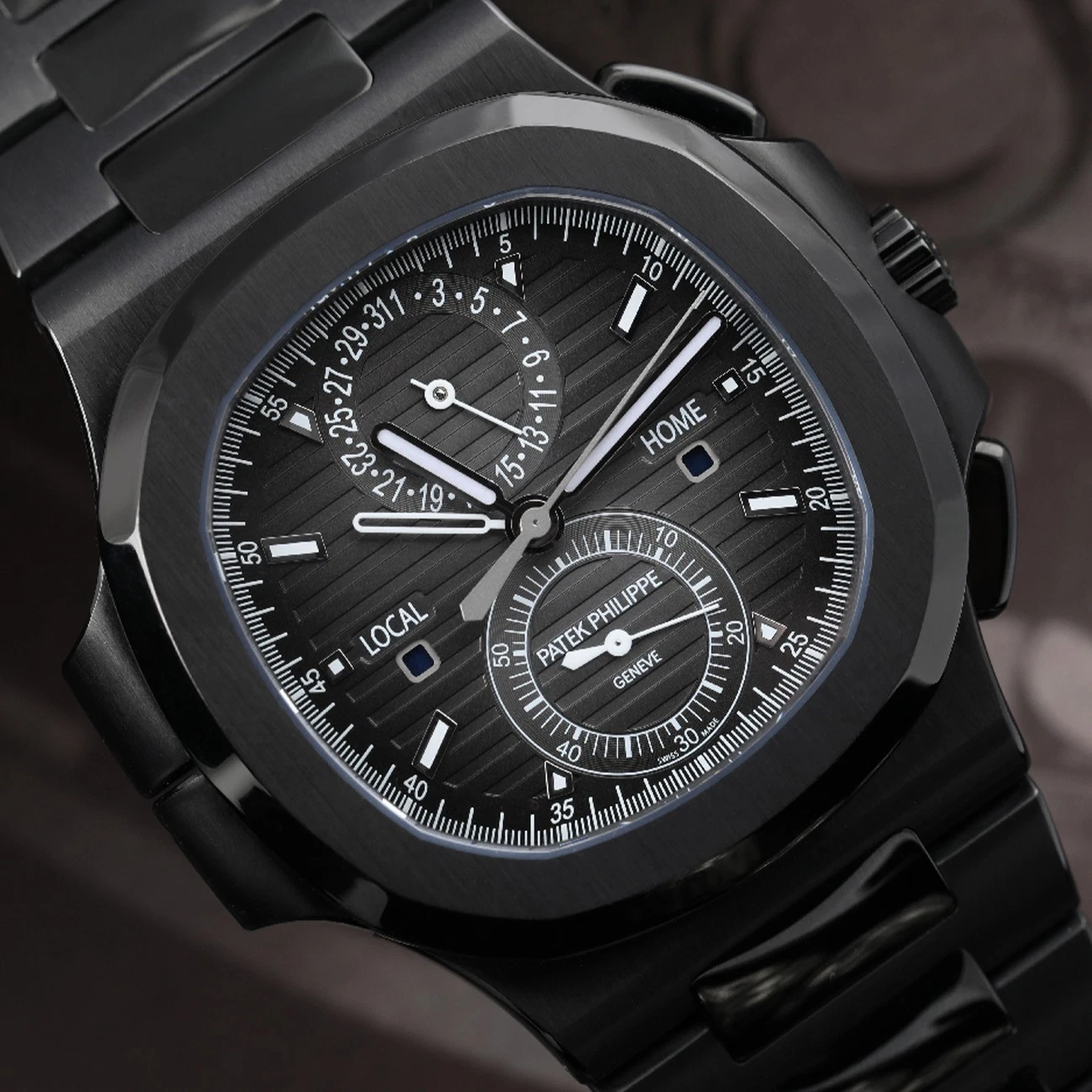 Patek Philippe — Patek Philippe Nautilus 5990/1A-001 Grey Chronograph Dual Time Dial Black PVD...