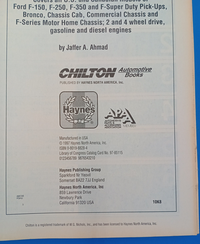 Chilton Ford Pick-Ups And Bronco 1987-1996 Repair Manual Book 26664 Mechanics VG - Foto 6 di 7
