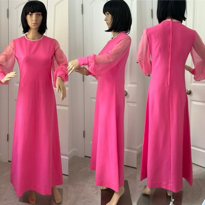 Vintage 60s Maxi Dress Mod Hot Pink Empire Waist Sheer Sleeve Cocktail  Party SM | eBay