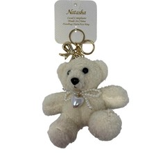 Natasha White Teddy Bear Pearl Heart Bow Handbag Charm Key Ring Keychain