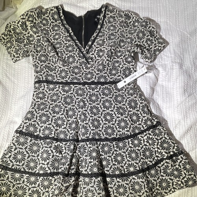 #ad AQUA Black White Floral Embroidered Lace V Neck Short Sleeve Dress Women’s L $50.00