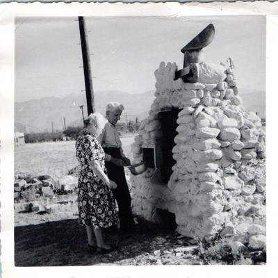 c1950s Senior Couple Stone Rock Oven BBQ Incinerator Photo Unknown Location Vtg