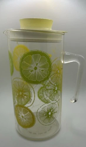 Vintage Pyrex Clear Glass Lemon Lime 1 qt Lemonade Water Juice Pitcher With Lid