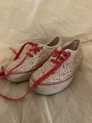 Girls Vans Authentic Glitter Stars White Pink Low Top Sneakers Kids 