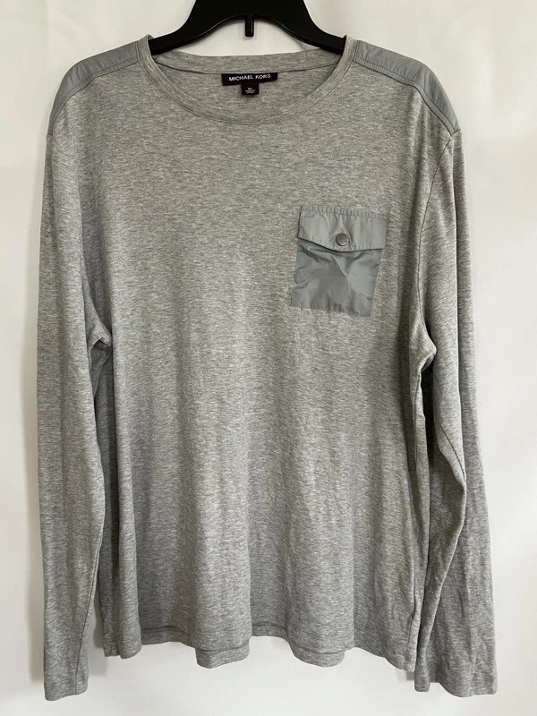 Michael Kors Mens T Shirt Gray Heathered Long Sleeve Flap Pocket