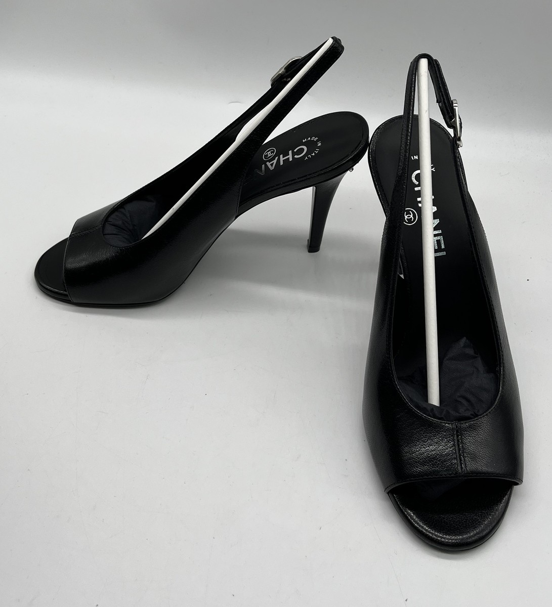 Chanel Black Leather Slingback Peep Toe Interlocking CC Logo