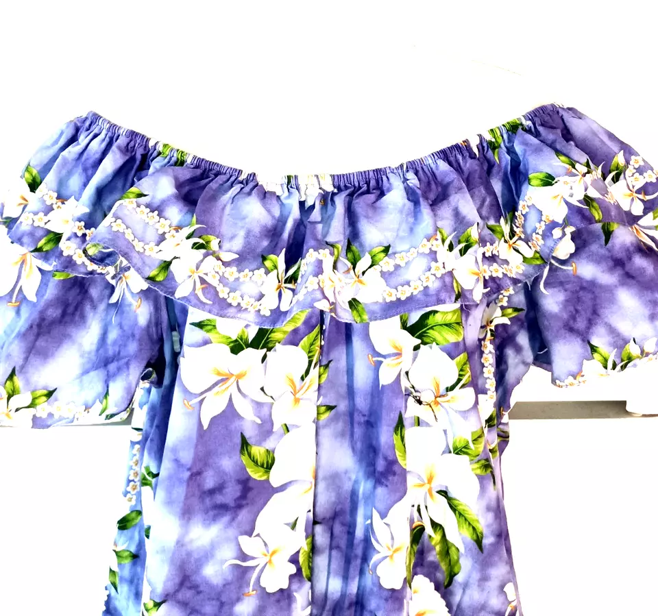 VESTIDO LARGO HAWAIANO VINTAGE JADE FASHIONS PÚRPURA FLORAL LEI ESCOTE ELÁSTICO 2XL Foto 2 de 4