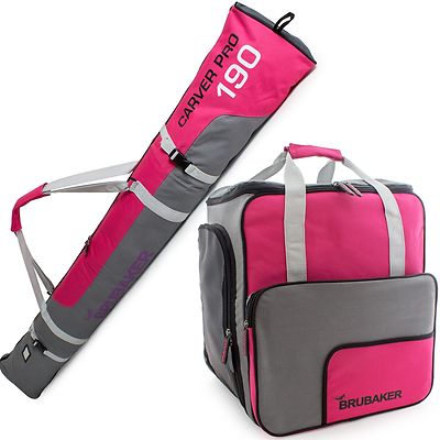 BRUBAKER Carver Pro 2er Set Skischuhtasche + Skisack Ski Kombi 190cm Pink Grau