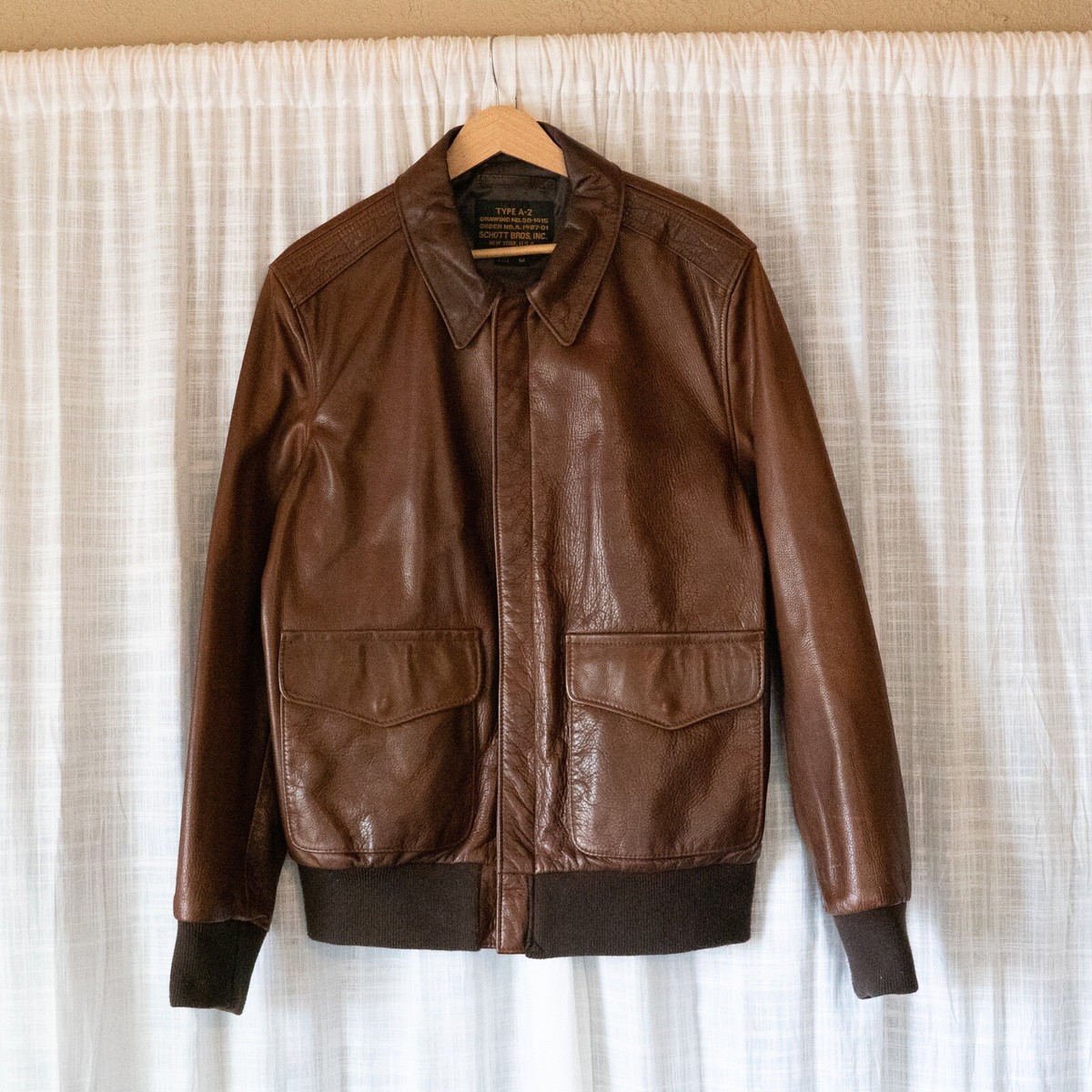 Schott Waxed Natural Pebbled Cowhide A-2 Leather Flight Jacket