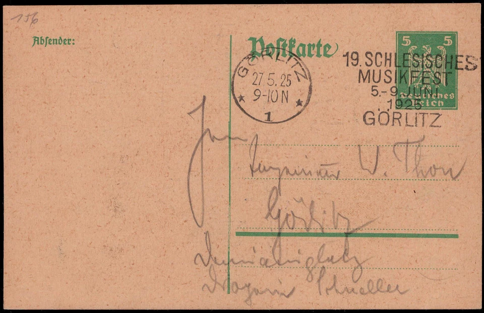 DR; "GÖRLITZ 19. SCHLESISCHES MUSIKFEST 1925",  SST auf 5 Pf. Reichsadler-GA - Bild 1 von 1