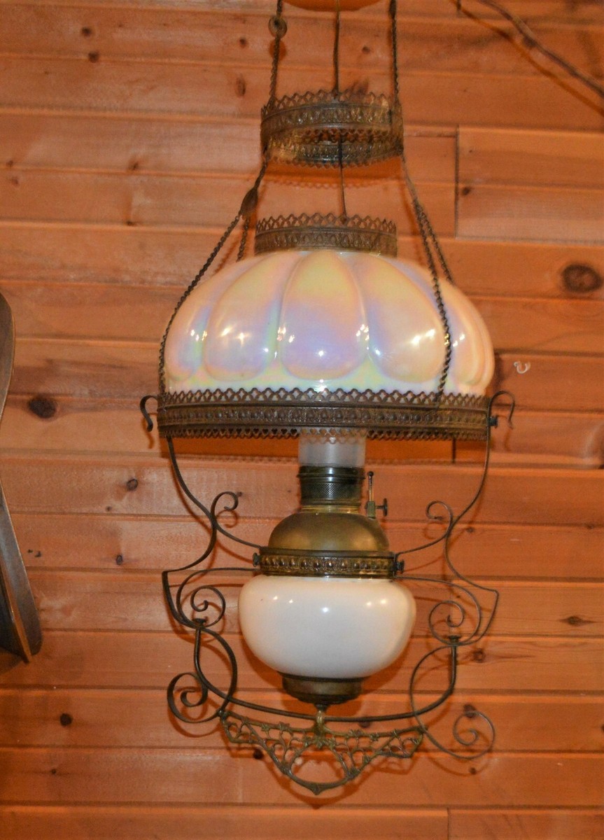 1890's Victorian Pull Down Library Lamp Pearlescent Melon Shade