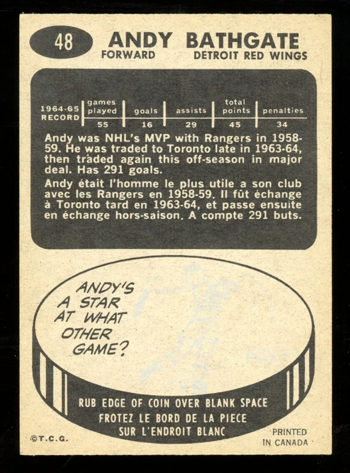 1965-66 TOPPS NHL HOCKEY #48 ANDY BATHGATE HOF NM DETROIT RED WINGS Rangers - Image 2 of 2
