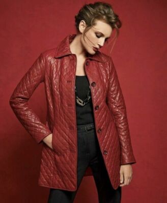 Women Dark Red Leather Trench Coat | QUILTED Long Midi Leather Coat With Pocket