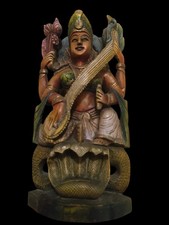 10"  inch Vintage Hindu Wooden Goddess Saraswati Playing Vina Statue Sculpture 