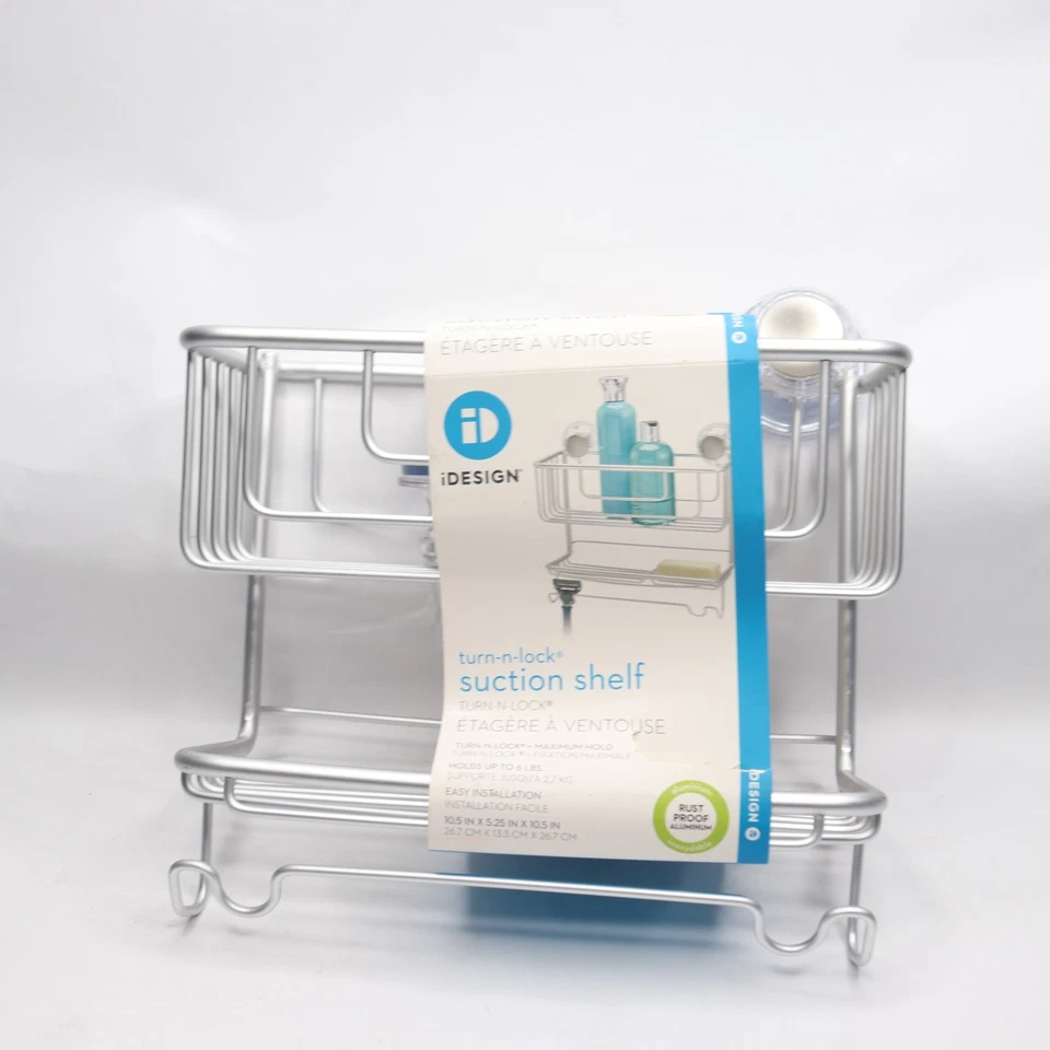 InterDesign Turn-N-Lock Suction Bathroom Shower Combo Basket 2 Tiers Silver - Image 3 of 4