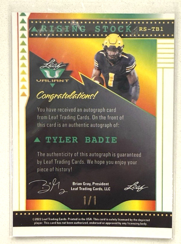2022 Leaf Valiant Football Rising Stock Gold Auto 1/1 Tyler Badie #RS-TB1 view 2
