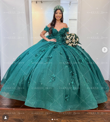 エメラルド Emerald Green Quinceanera Dresses Off Shoulder Glitter Sweet 15 16
