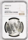 1934 D Peace Silver Dollar NGC MS-63