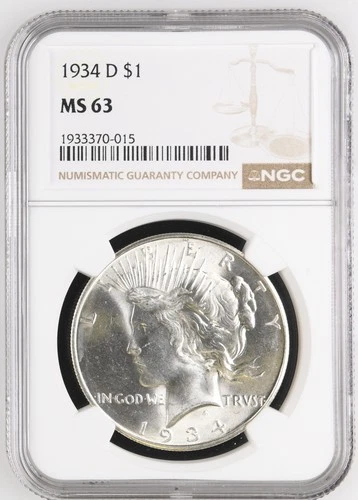 1934 D Peace Silver Dollar NGC MS-63