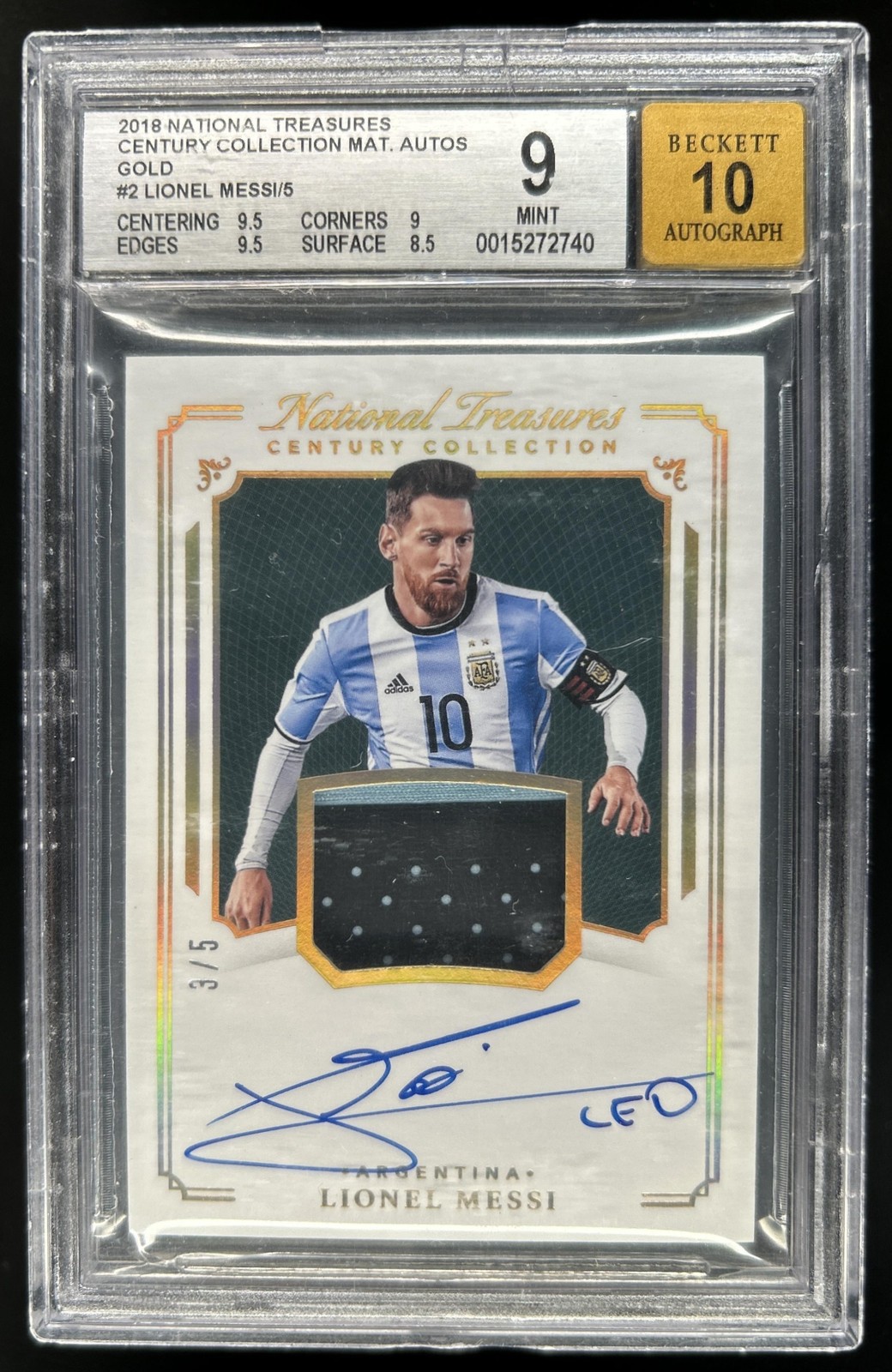 2018 National Treasures Lionel Messi Century Material Jersey Auto Gold #/5 BGS 9 view 1