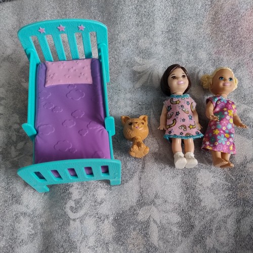 Two Chelsea Dolls Moulded Hair With Bed and Pet Dog