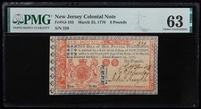 March 25, 1776 New Jersey 6 Pounds Colonial Note, NJ-183, PMG Choice UNC 63