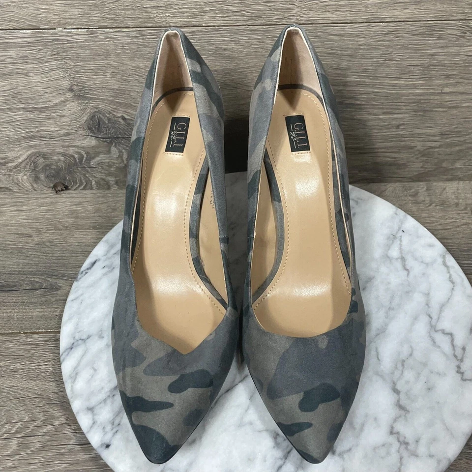G.I.L.I. Heels Womens 9.5 M Gray Slip On Camo Classic Pumps Faux Leather Comfort - Image 3 of 4