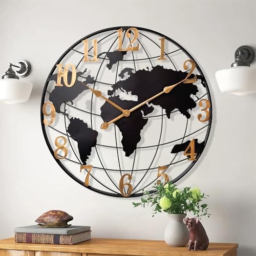 Large World Map Wall Clock, Metal Minimalist Modern Clock,Round Silent