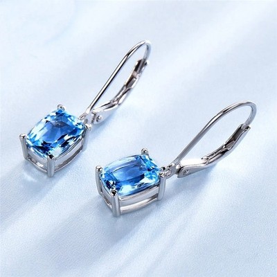 Pretty Sea Blue Imitation Topaz Square Hanging Silver Plated Dangle Earrings