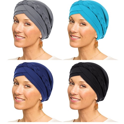 4 Pieces Hijab Braid Silky Turban Hats for Women Cancer Chemo Beanies Bandana...