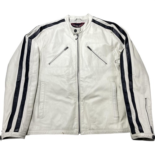 Street Legal Jacket Mens Large White Leather Motorcycle Racing Stripe Zip Lined