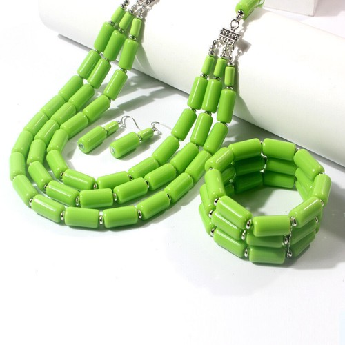 3pcs Multi Layered Beaded Necklace Earrings Bracelet Set Chunky Statement - Picture 3 of 21
