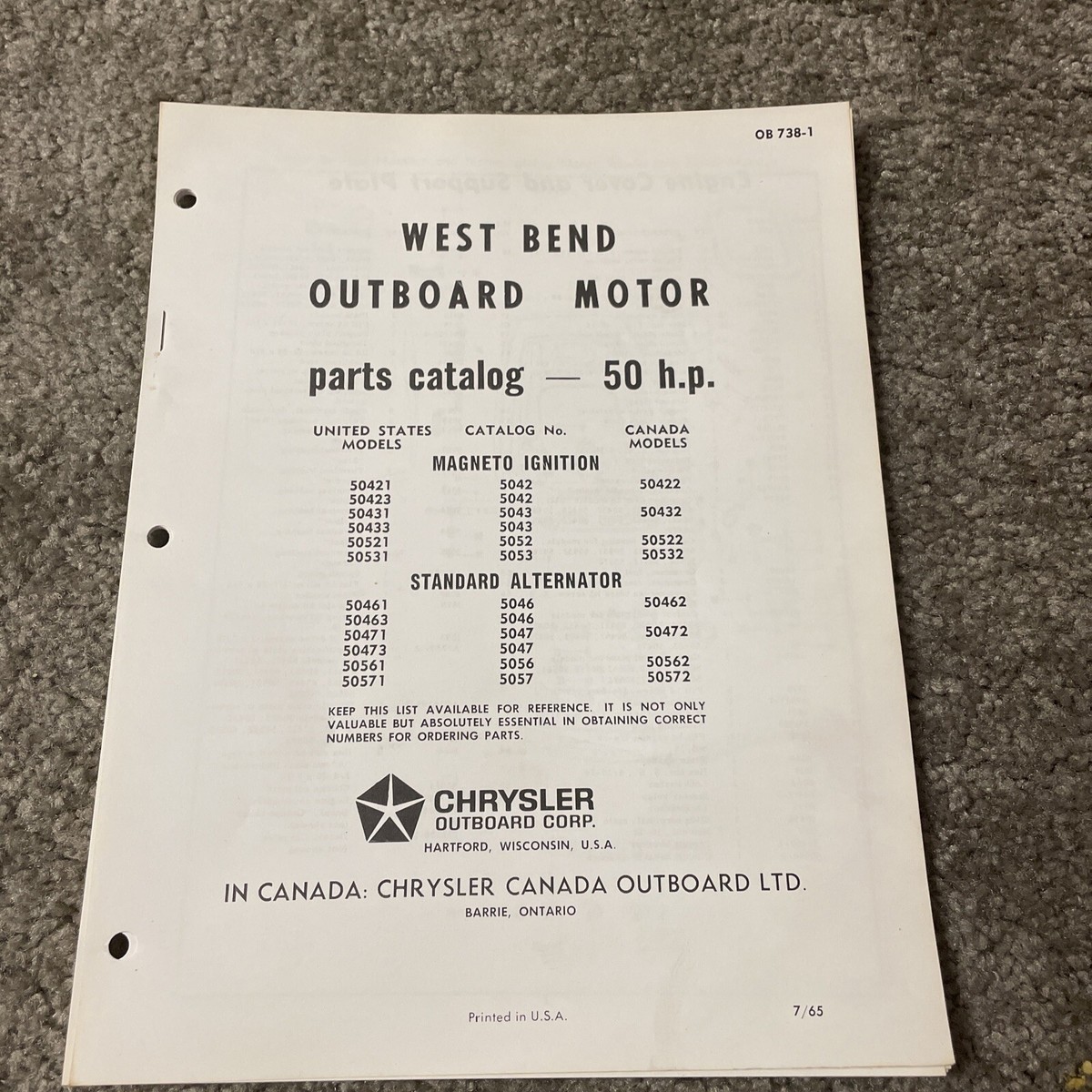 のん PM69 1966 Chrysler Outboard 45 HP Parts Catalog Manual P/N OB 783