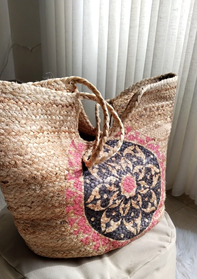 ANTIK KRAFT Tote 100% Jute Boho Summer Shopping Bag Fringe Woven Raffia Bucket - Image 2 of 4