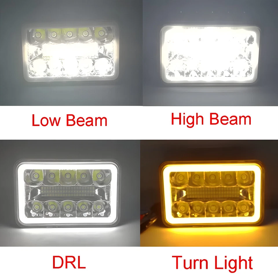 For Dodge Dakota 1987-1995 Truck Pair 4x6" LED Headlights Hi-Lo Beam Red DRL - Image 2 of 4