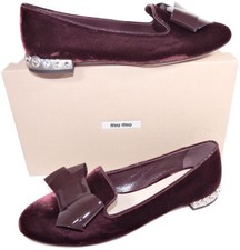 Miu Miu Ballet Flats Burgundy Bow Ballerina Shoes 39.5 Crystals Heels