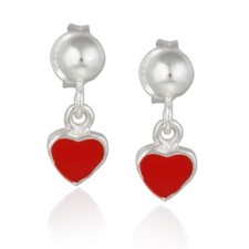 925 Silver Red Enamel Heart Dangle Earrings