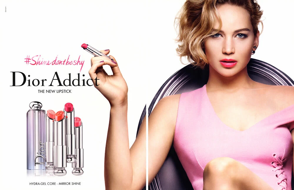 Rouge à lèvres maquillage Dior Addict 2015 Jennifer Lawrence 2 pages PUBLICITÉ MAGAZINE