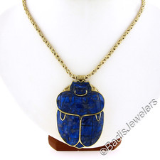 14k Gold Large Carved Lapis Coronation Scarab of Pharaoh Tutankhamen Necklace